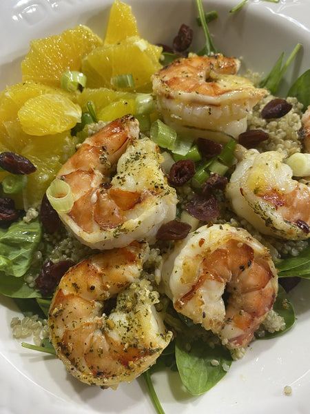 Choice of Shrimp or Chicken Quinoa Dinner Salad with Orange Poppy seed dressing (GF)