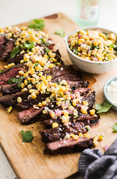 Grilled Steak with Corn Salsa served with assorted Grilled Veggies