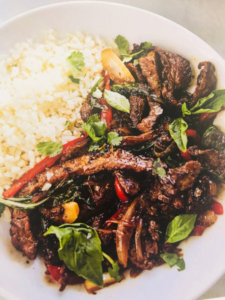 Thai Basil Beef served with choice of Rice (Keto, GF, Dairy free, Paleo, WHole 30)